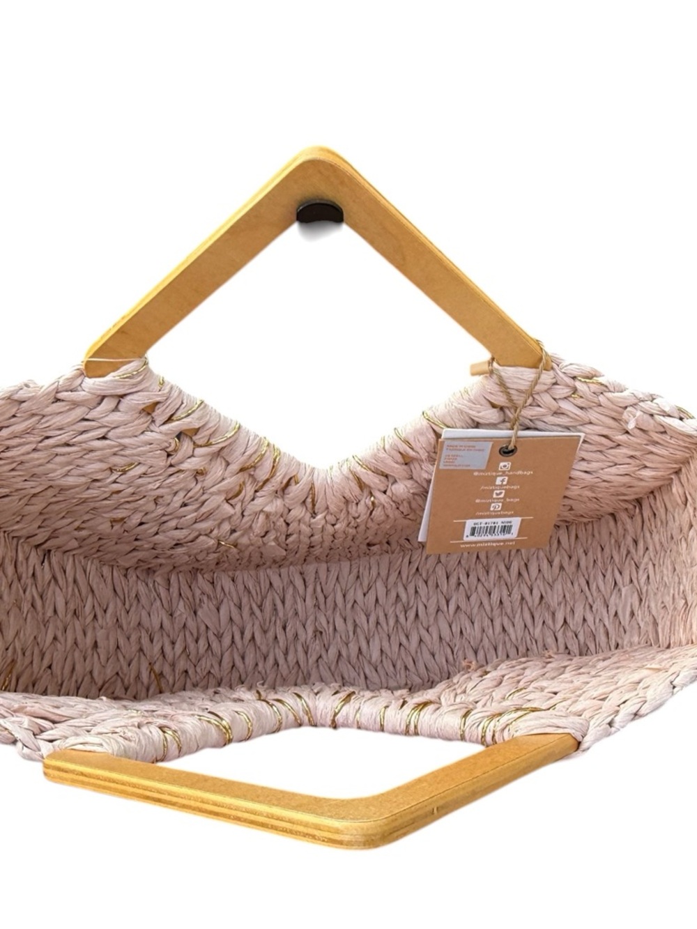 Straw bag by Miztique pink & gold wooden handle NEW - Picture 3 of 6